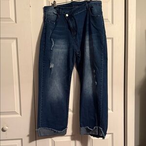 Amazon Criss Cross Waist Women's Distressed Boyfriend Jeans - Dark Blue